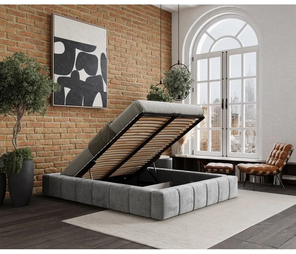 Letto matrimoniale imbottito grigio chiaro con spazio contenitivo e rete 200x200 cm Aruba L - Maison de Rêve