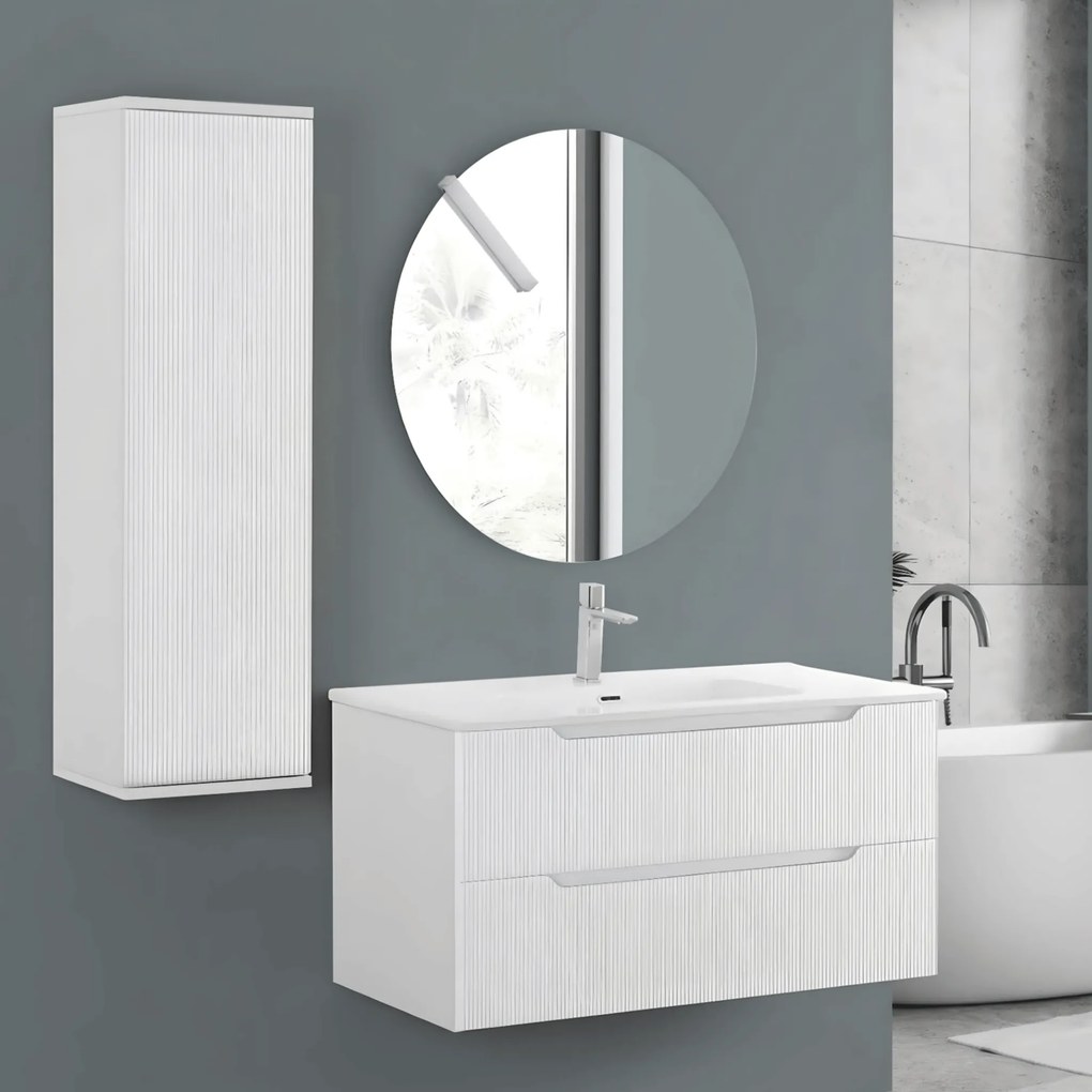 Mobile Bagno Sospeso Cannettato 100 Cm Due Cassetti Specchio Tondo a Filo Diametro 80 Cm Feridras "Kannè" Bianco Opaco