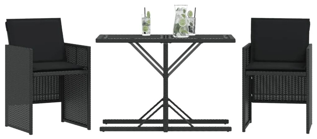 Set da bistrò 3 pz con cuscini nero in polyrattan