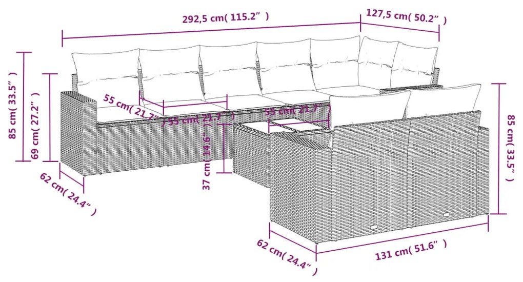 Set divano da giardino 9 pz con cuscini beige in polyrattan