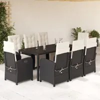 Set da Pranzo da Giardino 9 pz con Cuscini Nero in Polyrattan 3212455