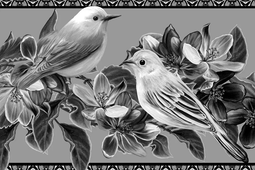 Stampa su tela – Uccellini e fiori in bianco e nero in versione vintage