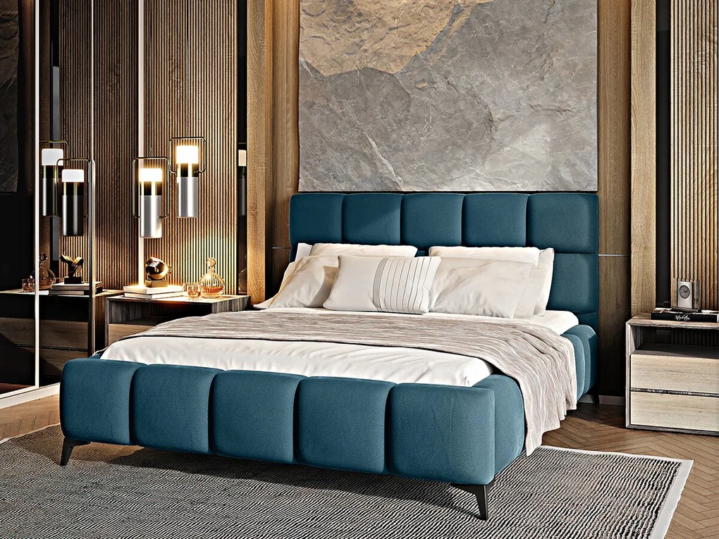 Letto matrimoniale con box contenitore California - 160 x 200 cm , Tessuto azzurro