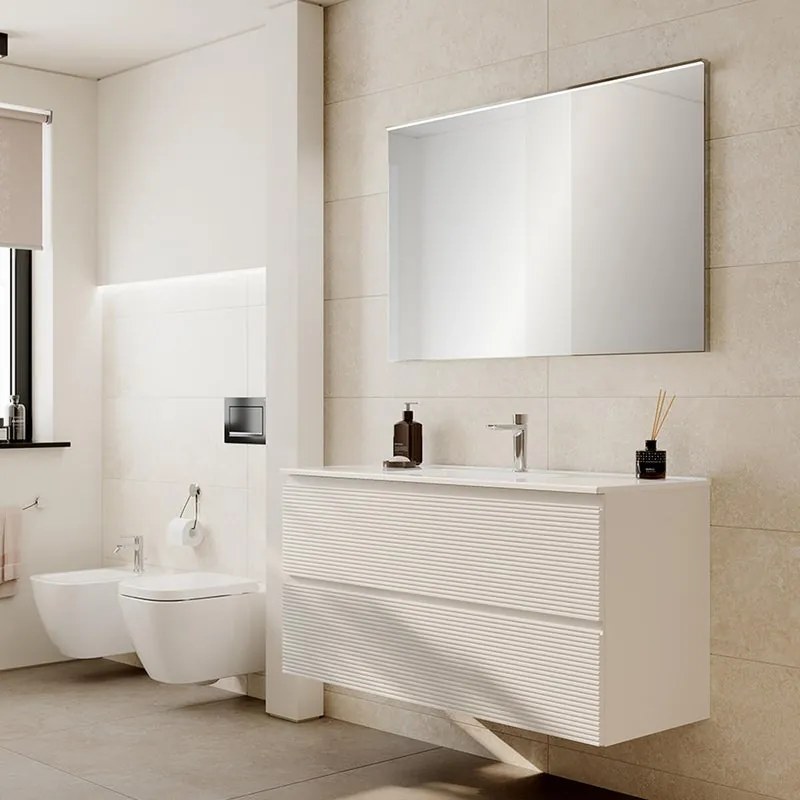 Mobile bagno con lavabo Step L120 x H60 x P46 cm, bianco opaco in mdf cannettato 2 cassetti per vasca centrale