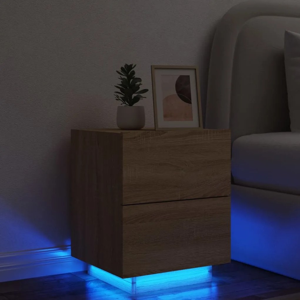 Comodino con luci led rovere sonoma in legno multistrato