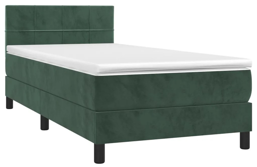 Letto a molle con materasso e led verde scuro 90x190 cm velluto