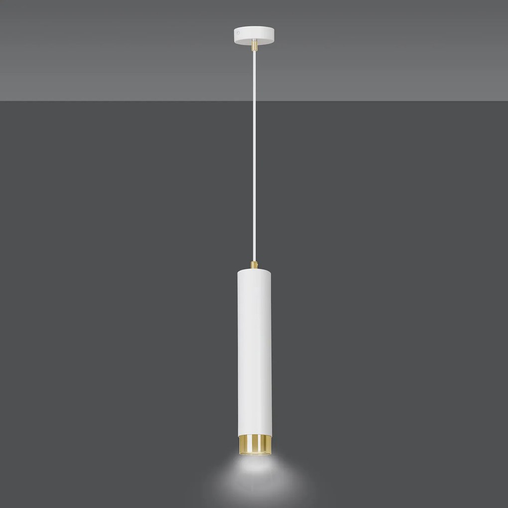 Sospensione 1 Luce Brunilde In Acciaio Bianco Con Tubolare In Bianco E Oro