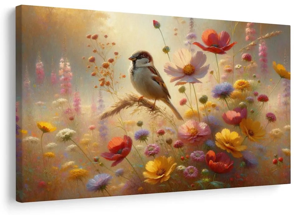 Quadro su tela – Passero nel giardino fiorito