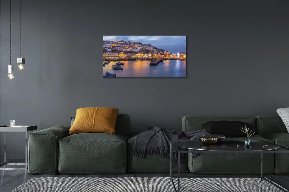Foto quadro su tela City at Night Sea Ship 100x50 cm