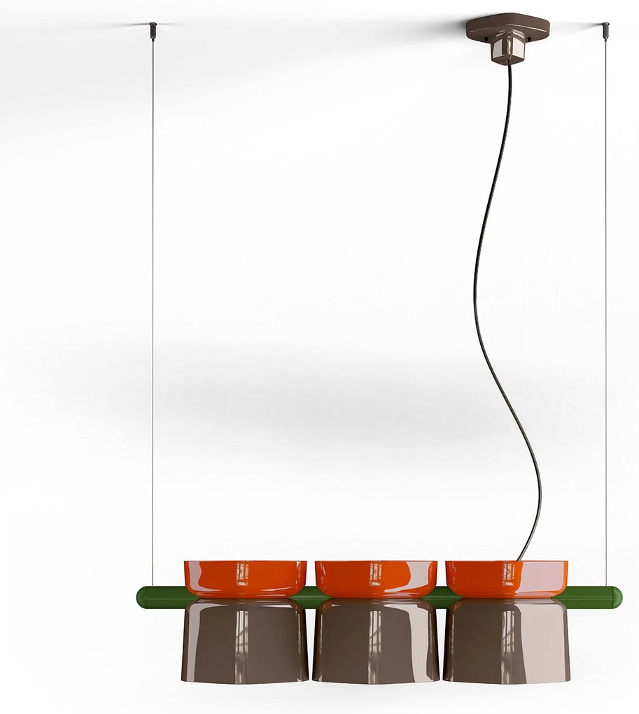 Lampadario Decò Yakitori Ceramica Arancio Volpe Moka Metallo Verde 3 Luci E27