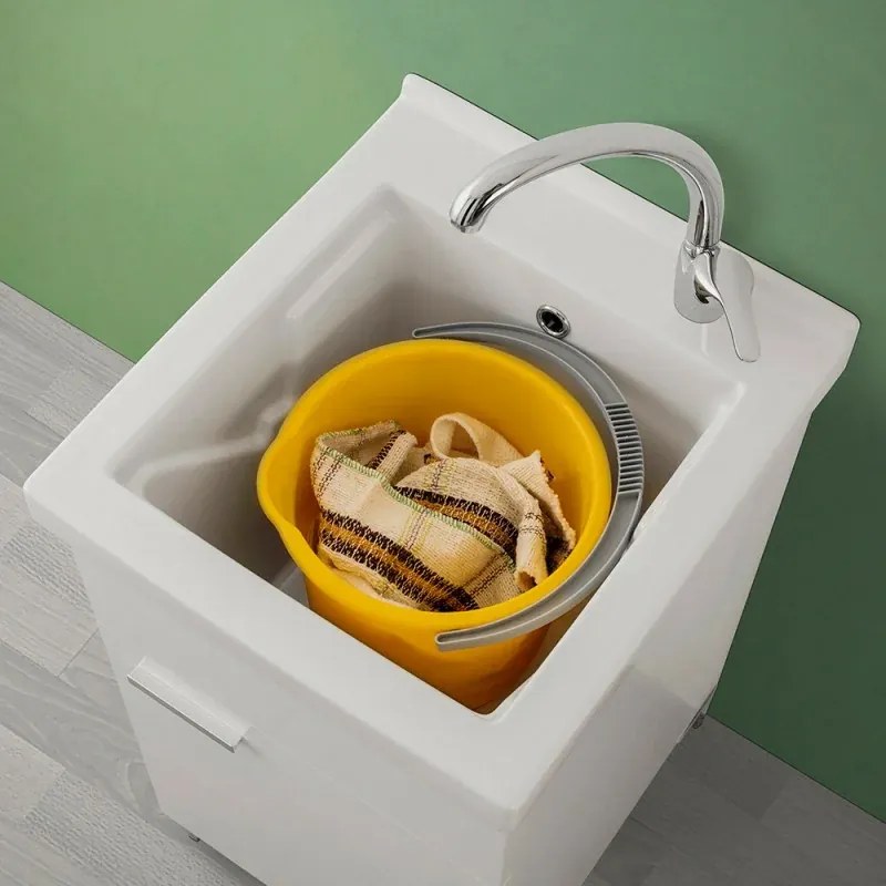 Mobile lavatoio bianco 45x50 cm con vasca in ceramica e kit scarico