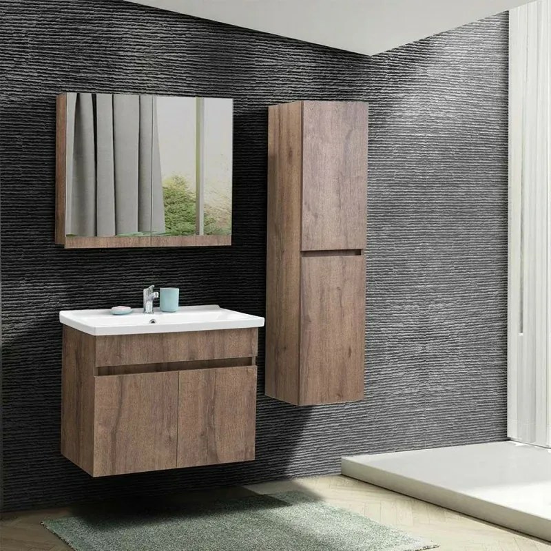 Mobile bagno sospeso 80 cm rovere scuro con specchio contenitore Mona