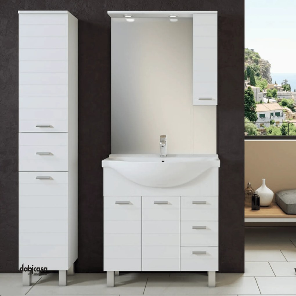 Mobile Bagno A Terra "Rigo 1" Da 105 Cm Composto Da Due Ante e Tre Cassetti Lavabo E Specchio Con Faretti Led Finitura Bianco Lucido