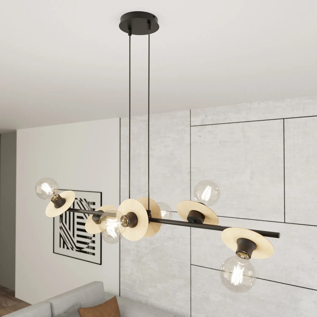 Lampadario 6 Luci Eos In Acciaio Nero E Legno Con Barra E Diffusori A Piatti