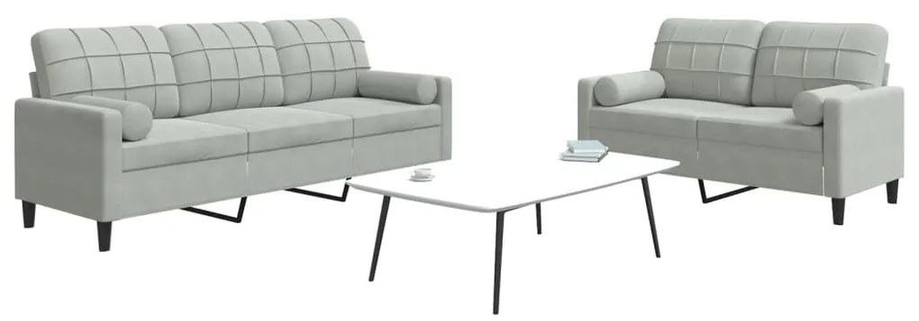 Set Di Divani 2 Pz Con Cuscini E Rinforzi Grigio Chiaro Velluto /