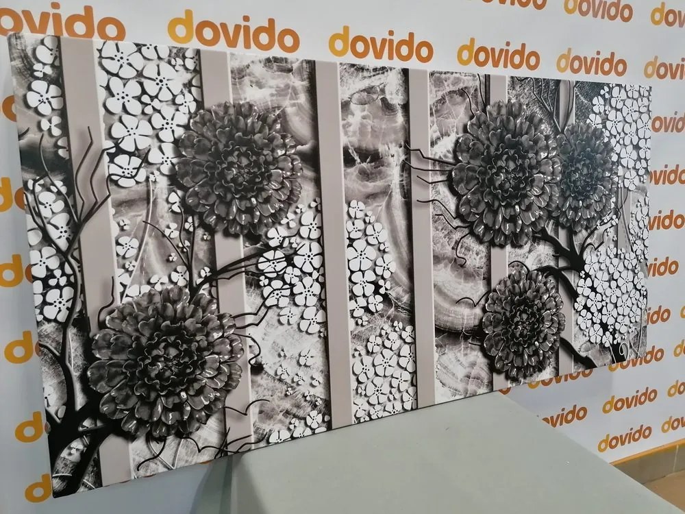 Quadro su tela – Fiori astratti su sfondo di marmo in bianco e nero