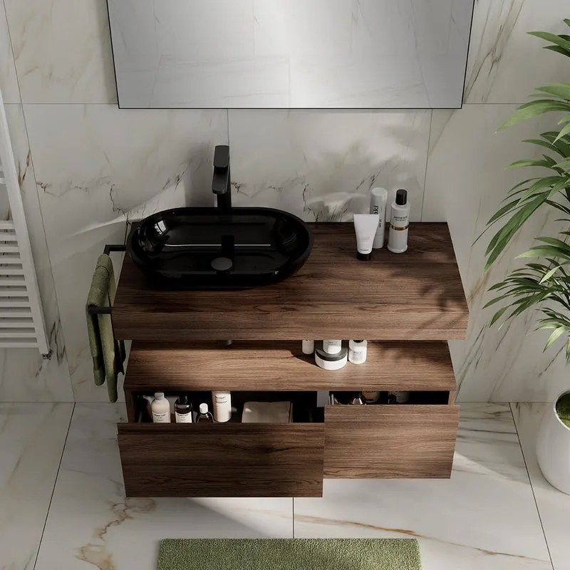 Mobile da bagno sospeso Step con top L 100.3 x H 30 x P 46 cm noce walnut liscio, 2 cassetti ammortizzati