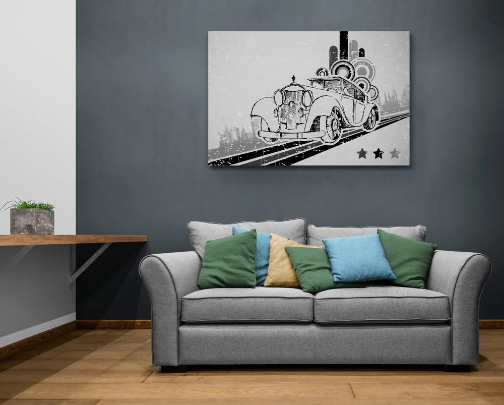 Quadro su tela – Auto in bianco e nero con sfondo vintage