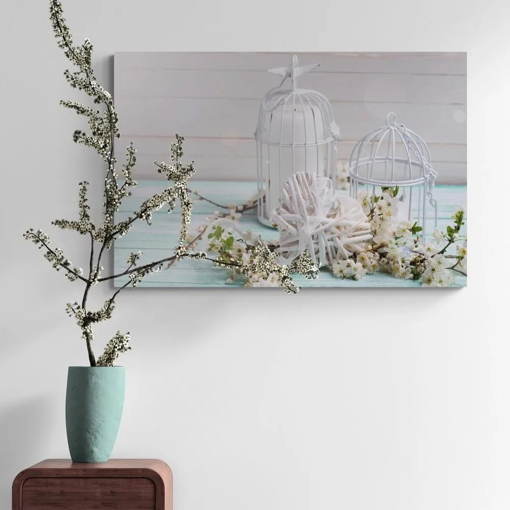Quadro su tela – Ramo di ciliegio e lanterne bianche