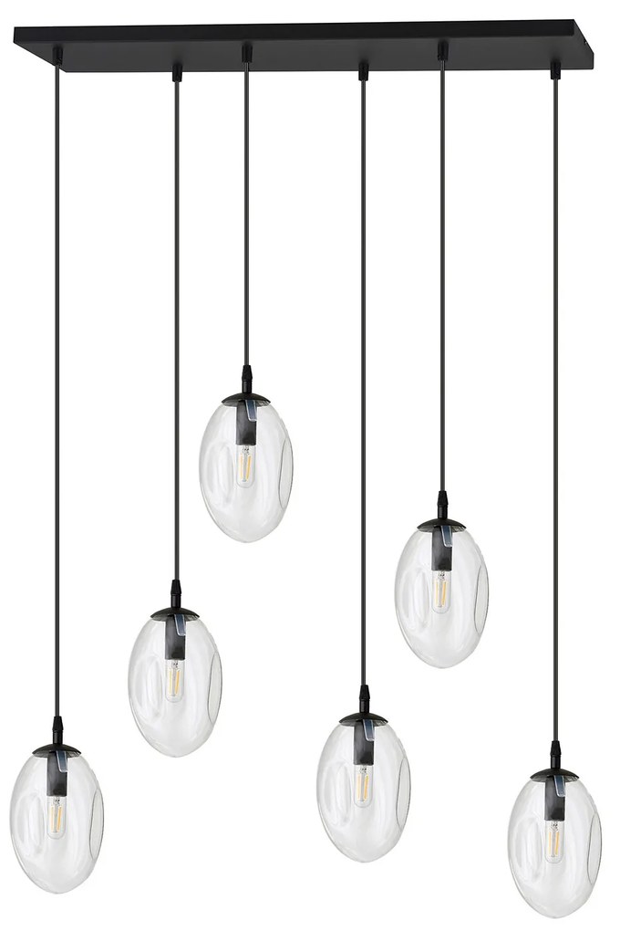 Sospensione Minimal 6 Luci Atalanta Acciaio Nero E Vetro Trasparente