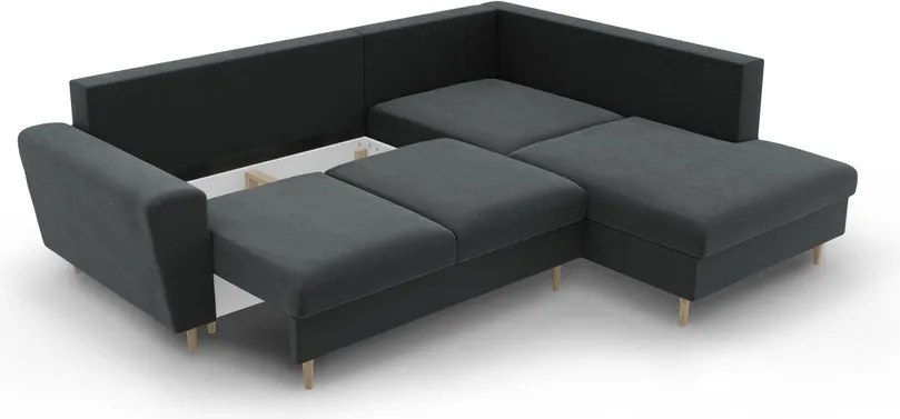 Divano angolare grigio scuro allungabile e con contenitore (con penisola a destra/a L) con rivestimento in velluto Kyoto – Cosmopolitan Design