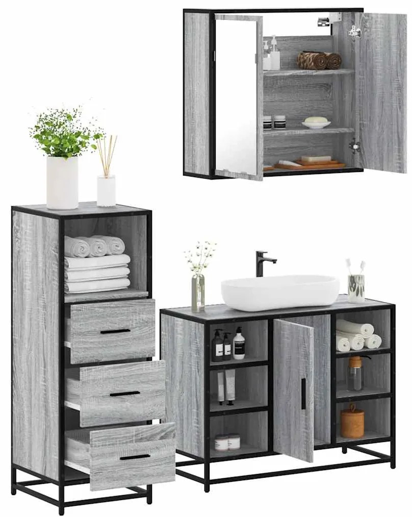 Set Mobili Da Bagno 3 Pz Grigio Sonoma İn Legno Multistrato /