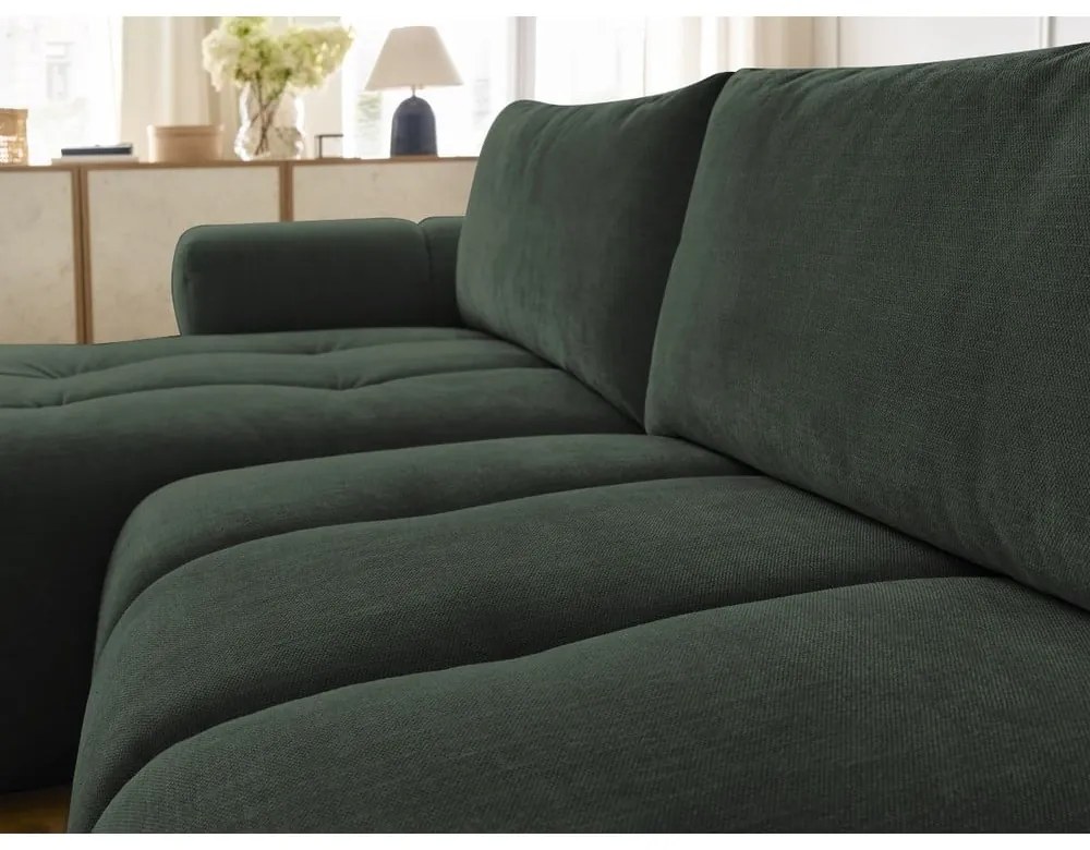 Divano angolare verde allungabile e con contenitore (penisola a sinistra/chaise lounge) con rivestimento in ciniglia Fuji – Bobochic Paris