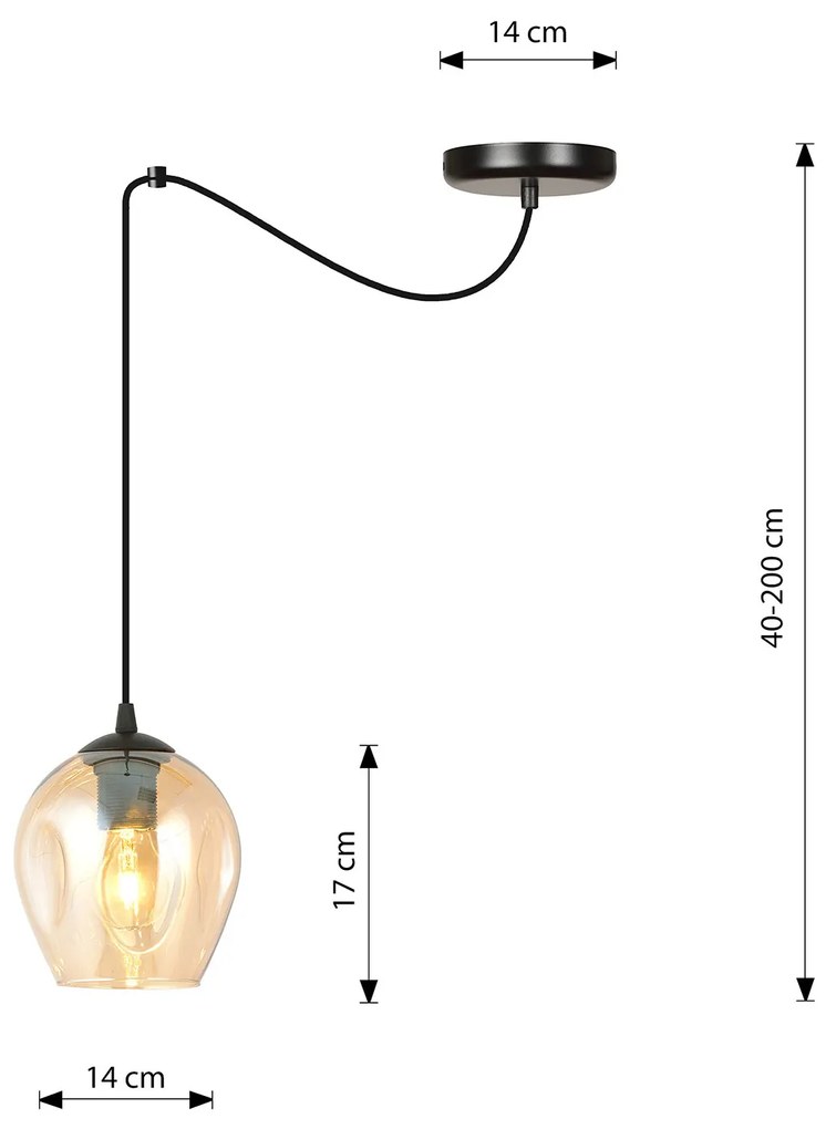 Sospensione 1 Luce Parsifal In Acciaio Nero E Vetro Ambra Con Cavi Lunghi