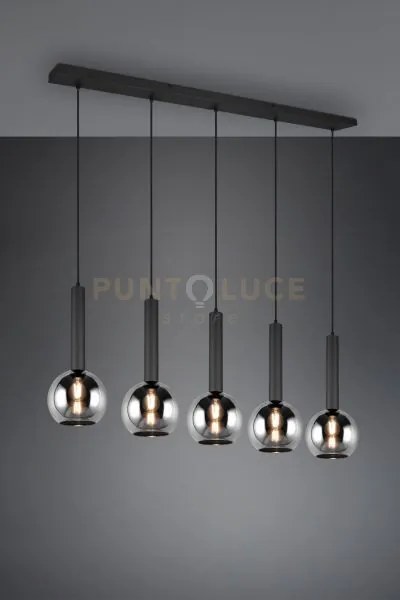 Clayton sospensione metallo nero con 5 vetri fume' cromato l. 115cm...