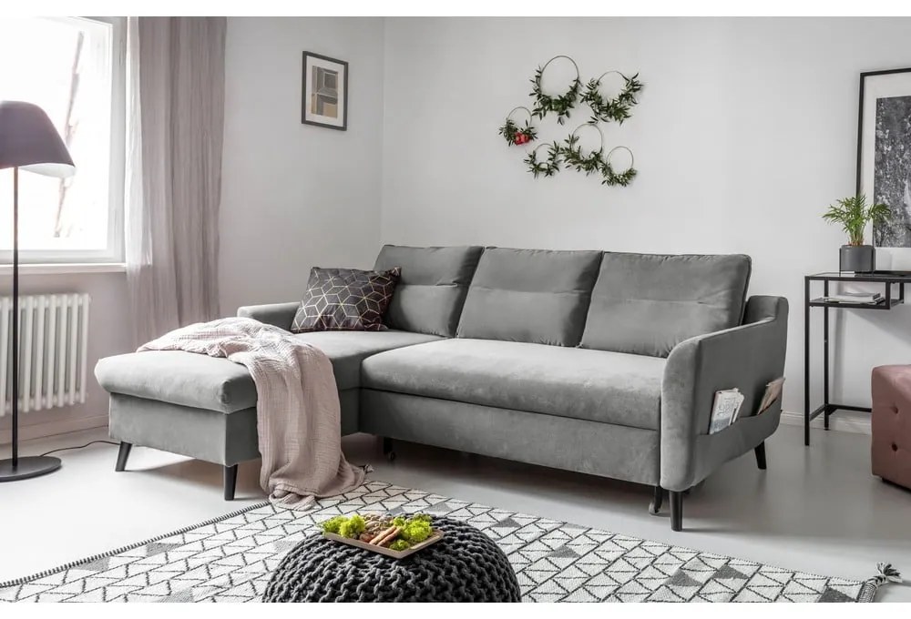 Divano letto angolare in velluto grigio chiaro, angolo sinistro Stylish Stan - Miuform