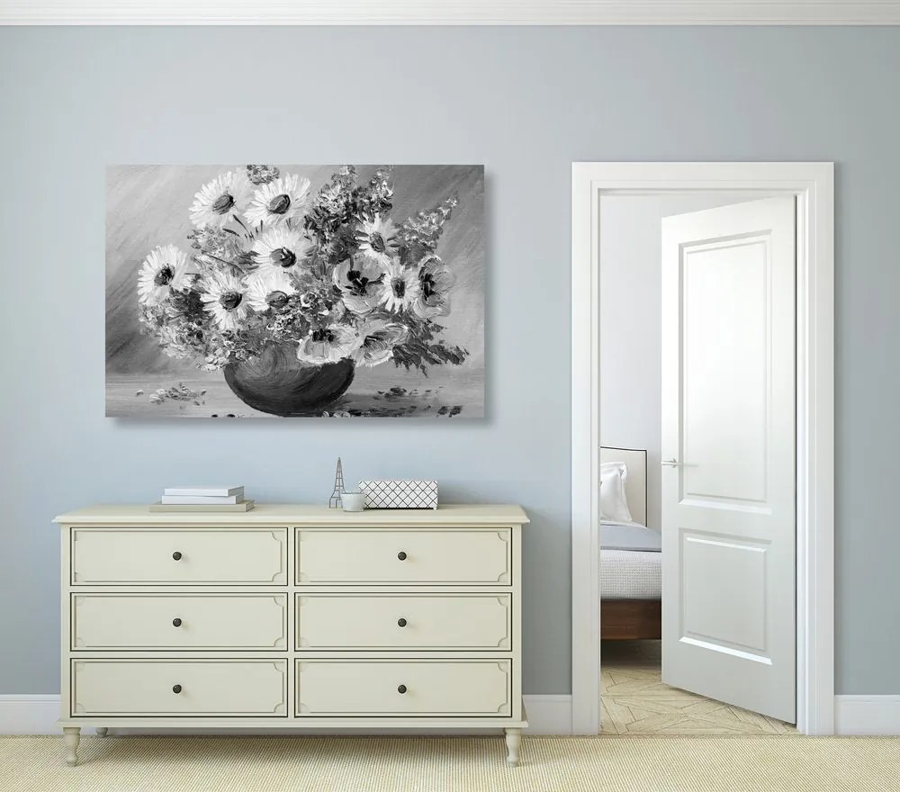 Stampa su tela – Dipinto a olio di fiori estivi in bianco e nero