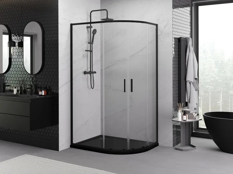 Mexen Exo-S Duo cabina doccia semicircolare asimmetrica scorrevole 90 x 80 cm, trasparente, nera - 8132-090-080-70-00