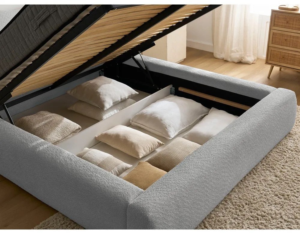 Letto matrimoniale in grigio chiaro imbottito con spazio contenitivo con rete inclusa 160x200 cm Orlane – Bobochic Paris