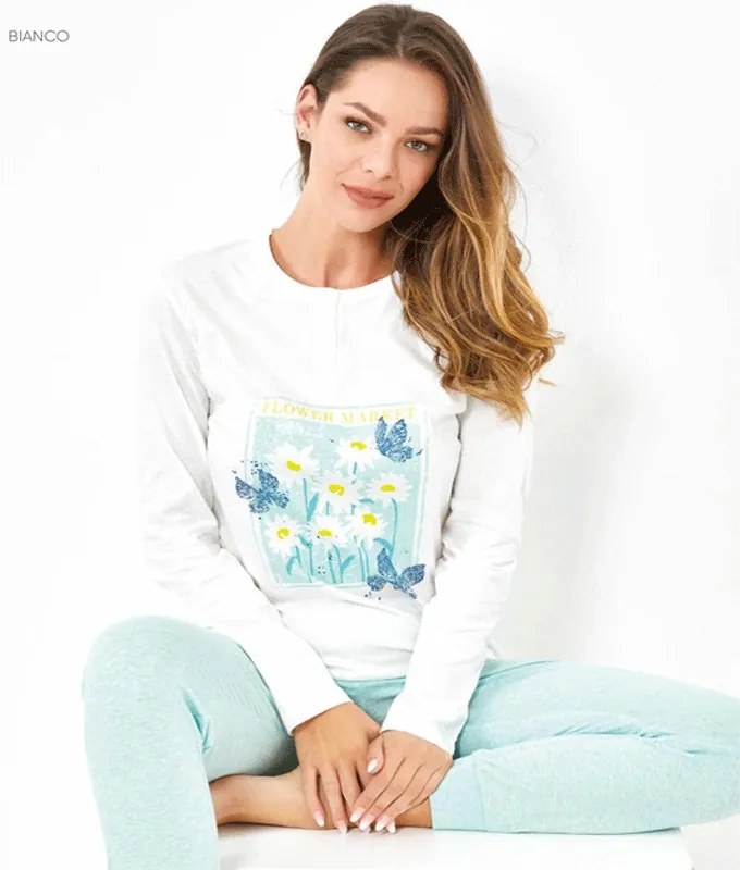 Pigiama donna manica lunga in jersey di cotone Il Granchio Marica Colore Bianco, Taglia pigiami L