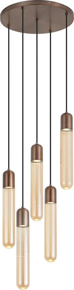 Lampada a sospensione Art Déco bronzo scuro con vetro a coste 5 luci - Walcott