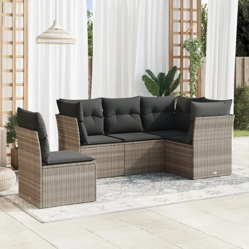 Set divano da giardino 5pz con cuscini grigio chiaro polyrattan