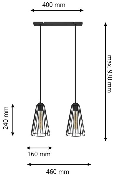 Lampadario a sospensione con filo TORRI 2xE27/15W/230V nero