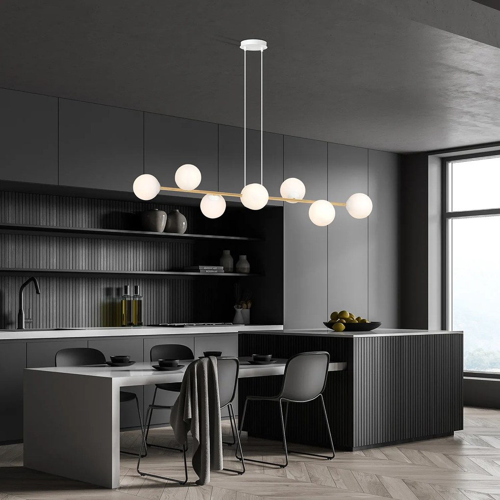 Sospensione Contemporanea Rhiannon 8 Luci In Acciaio Bianco E Oro E Vetro Bianco