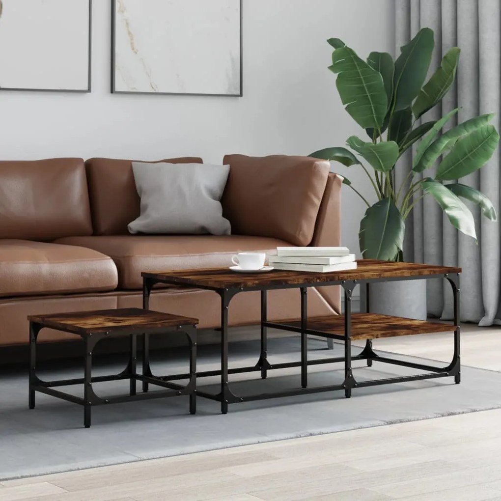 Tavolini Impilabili 2 Pz Rovere Fumo İn Legno Multistrato /