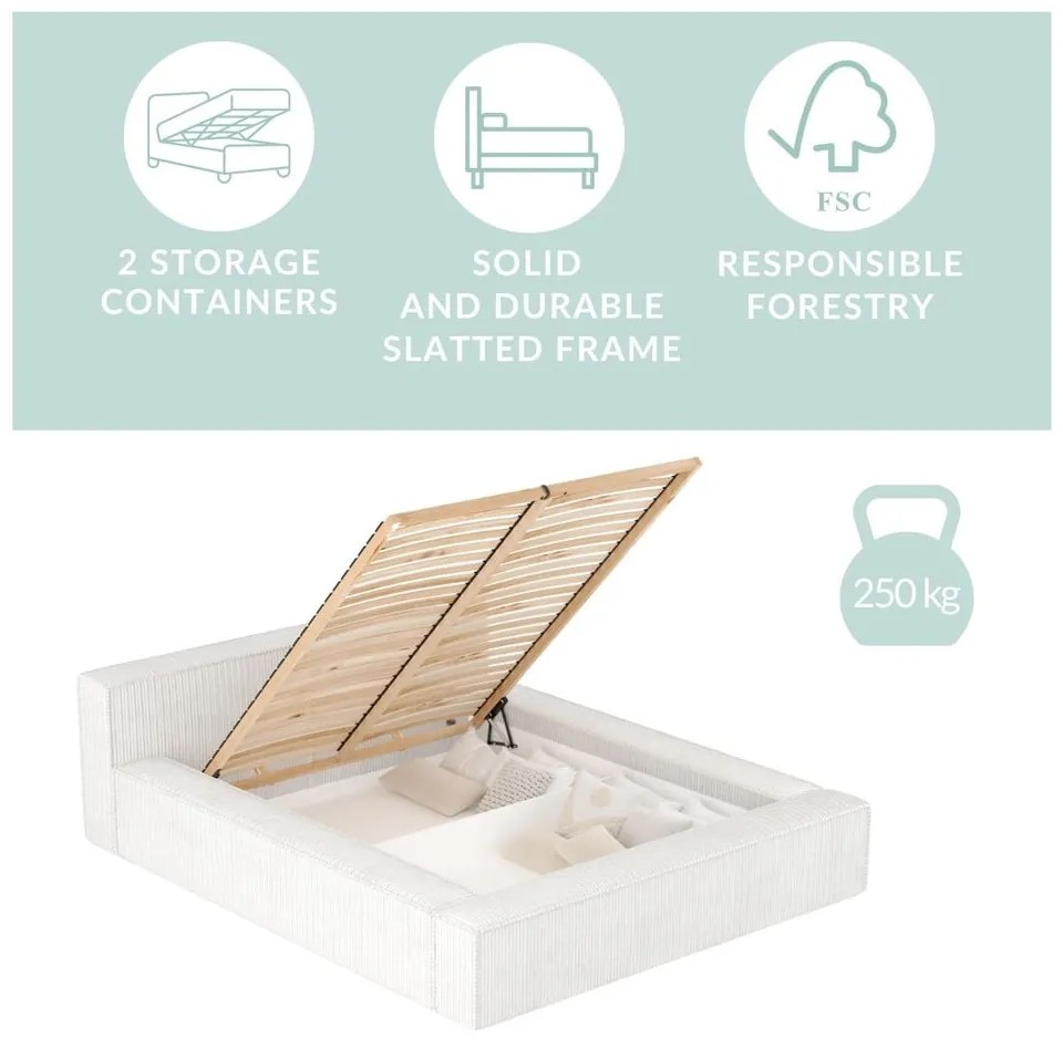 Letto matrimoniale imbottito grigio chiaro con contenitore con rete inclusa 200x200 cm Voliera – Maison de Rêve