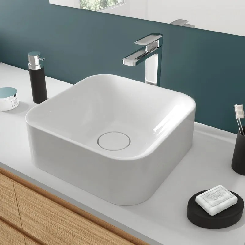 Lavabo da appoggio SENSEA Capsule quadrato in composito minerale di resina gelificata L 38 x H 15.3 x P 12.2 cm bianco lucido piletta non inclusa