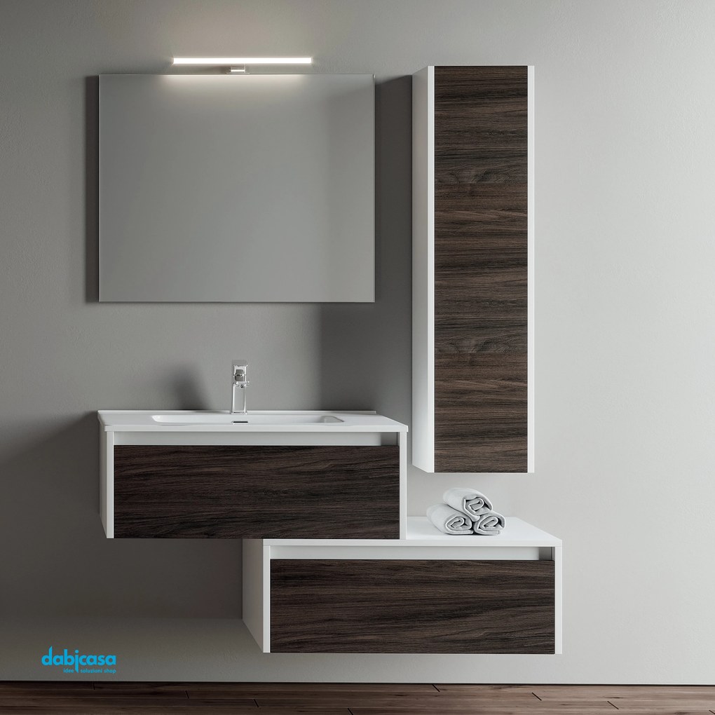 Mobile Bagno Sospeso "Luna 2" Sfalsato Da 82 cm Con Doppia Base Pensile Sospeso Specchio C/Lampada Led