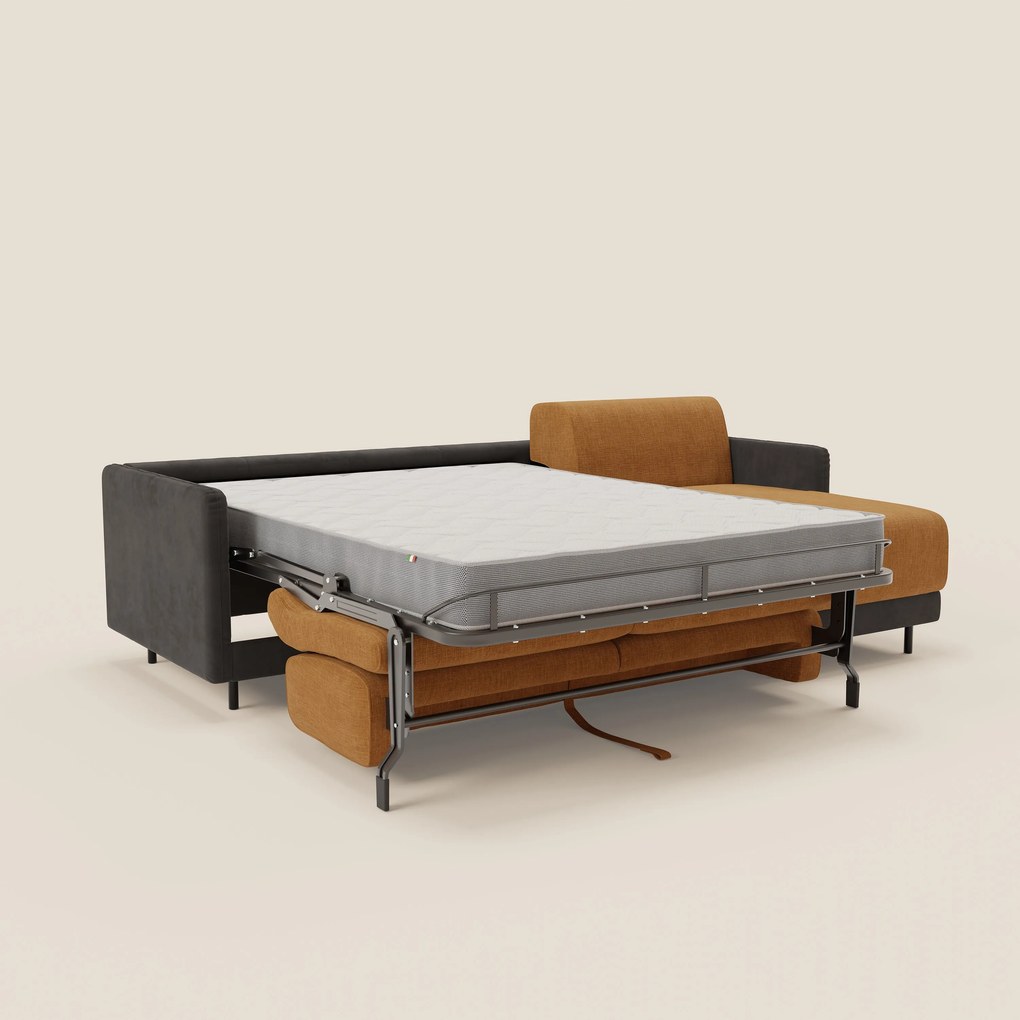 Narciso divano letto angolare con materasso alto 18 cm e penisola contenitore in tessuto bicolore impermeabile T11 e T06 nero - ocra