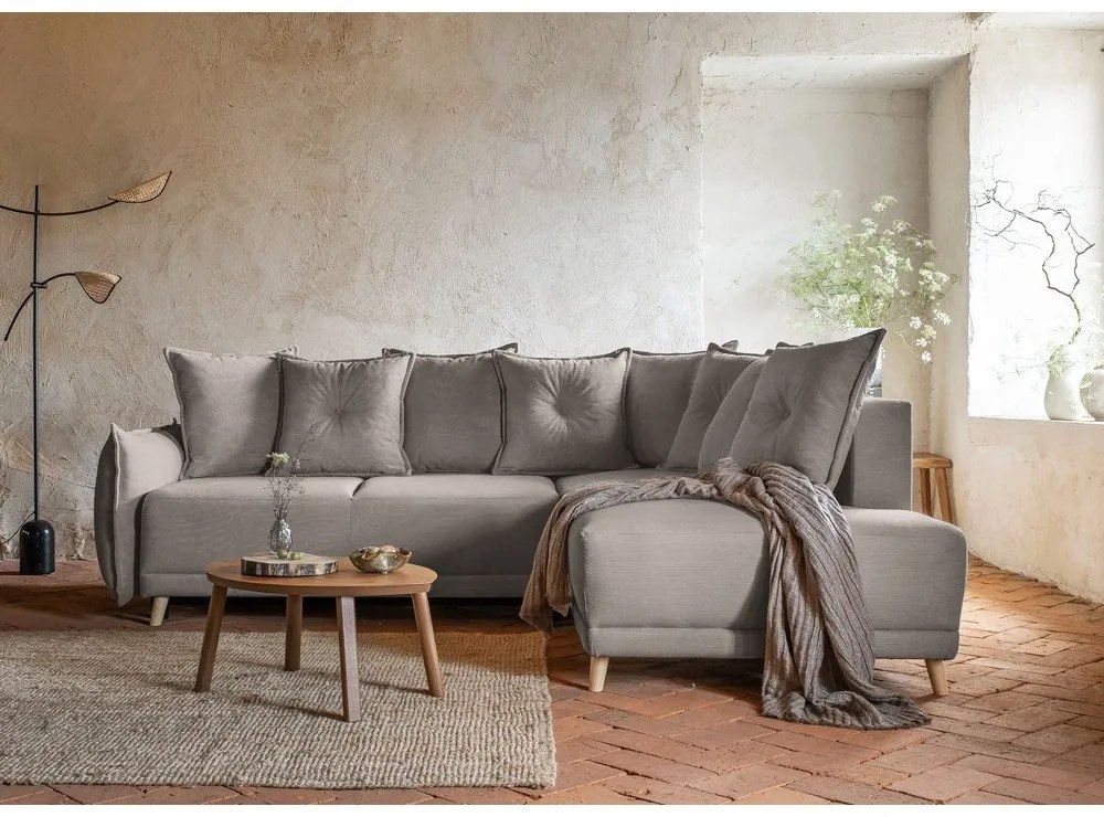 Divano letto in velluto a coste marrone chiaro (angolo destro) Lazy Lukka - Miuform