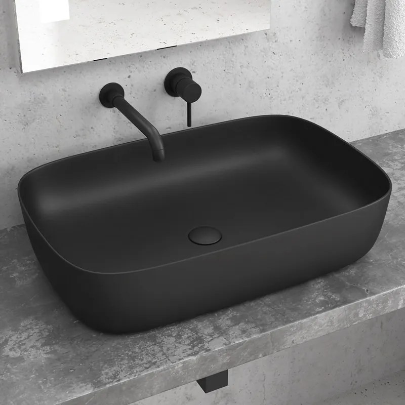 Lavabo da appoggio colore nero opaco design rettangolare arrotondato | 60cm MIL-LN - KAMALU