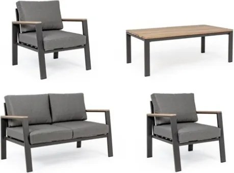 Salotto Da Esterno In Alluminio Antracite Inserti Legno Con Cuscini E Tavolino Belmar Bizzotto