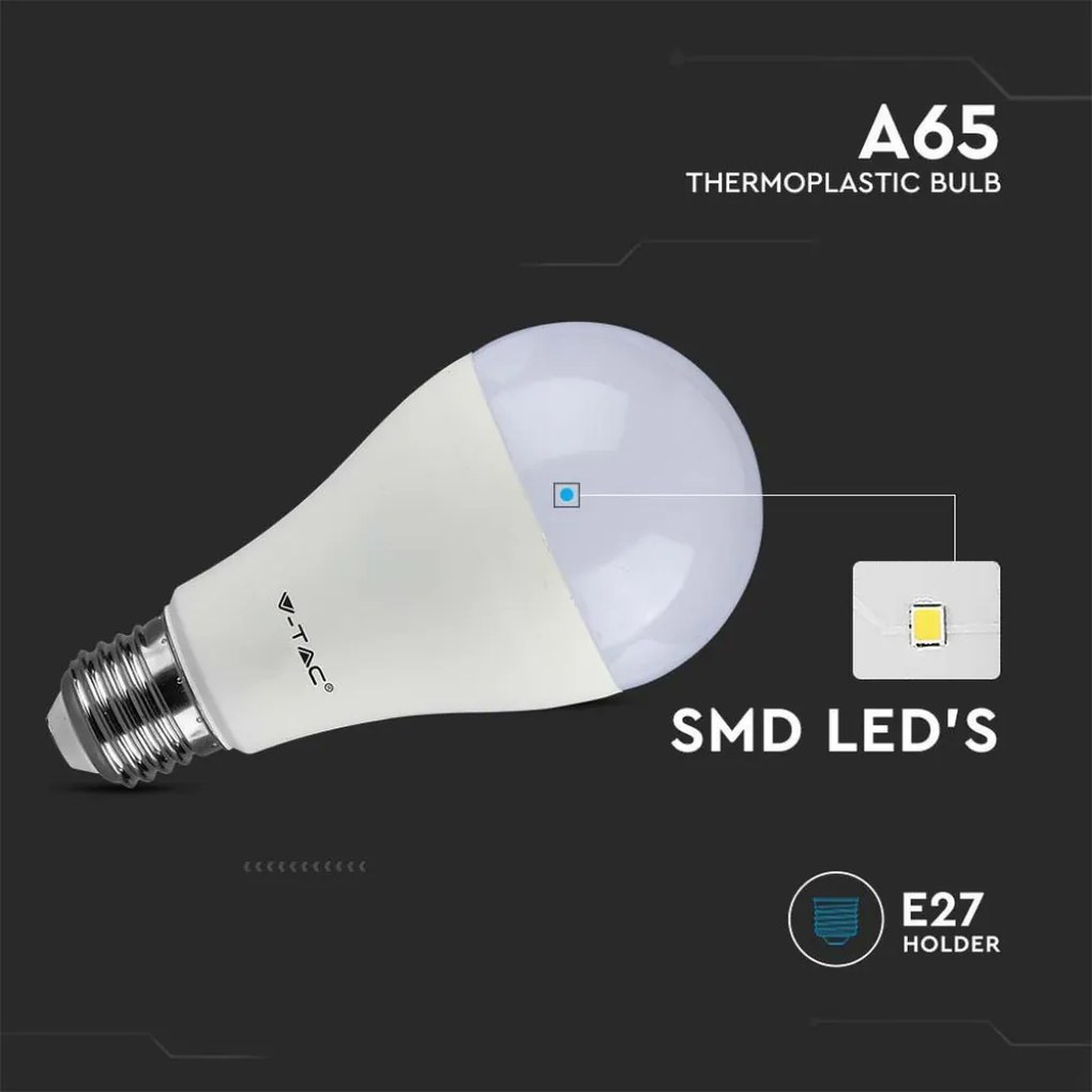 V-Tac Set 3 Lampadine LED E27 15W A65 6500K Luce Fredda