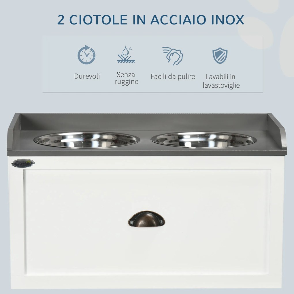 Ciotole per Cani Rialzate 60x30x36 cm con Cassetto in Acciaio Inox e Legno Bianco e Grigio...