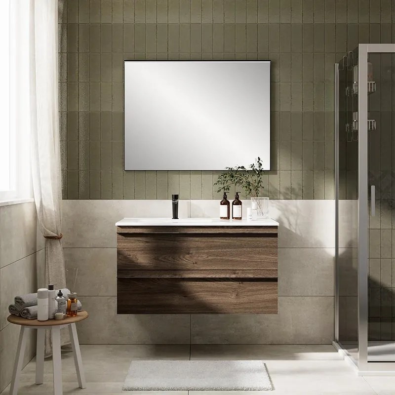 Mobile bagno da fissare con lavabo LINEA L 100 x H 55 x P 45 cm rovere cotto 2 cassetti per vasca a sinistra