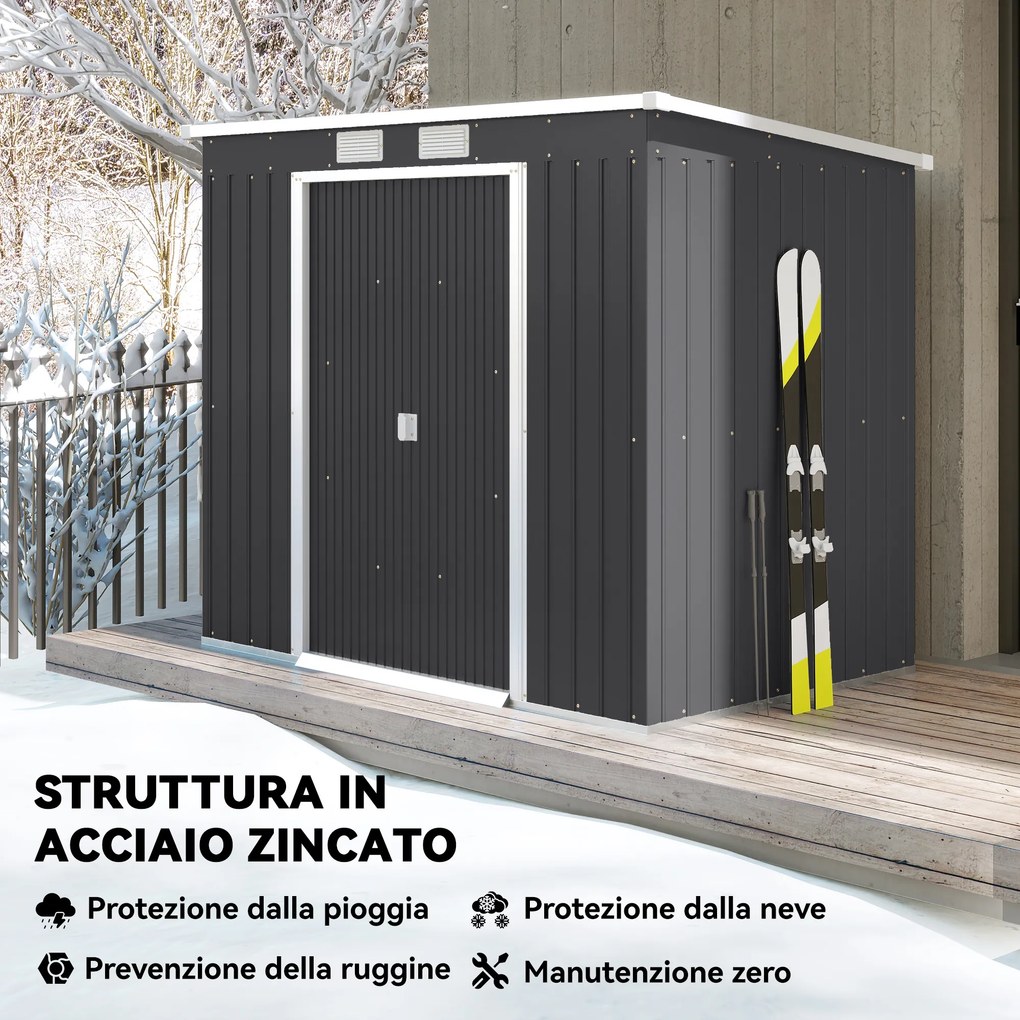 Capanno Attrezzi con Tetto Inclinato 213x130x172 cm 2 Ingressi e Prese d'Aria in Acciaio Grigio Scuro...